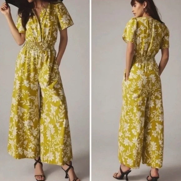 Anthropologie Women’s Somerset Wide Leg Jumpsuit in Chartreuse Pockets M Boho - Picture 2 of 15